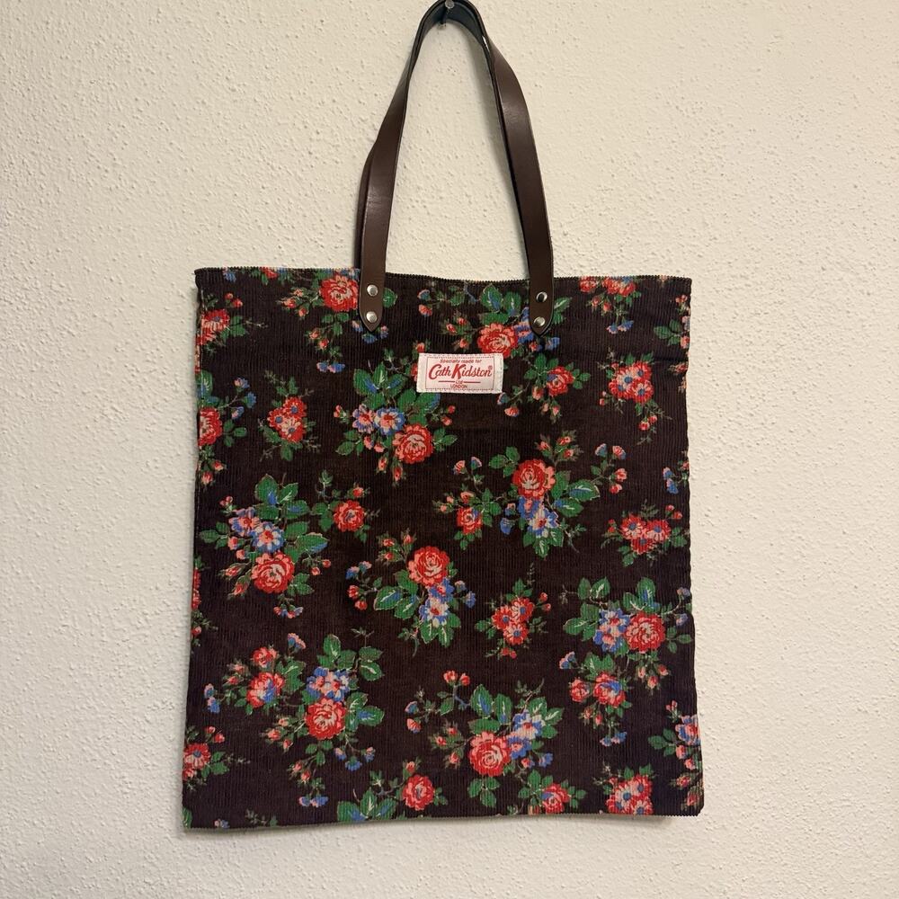 Cath Kidston Brown Corduroy Floral Large Tote Bag Purse Made In UK Cottage Core